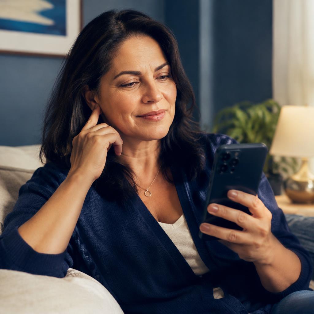 Mulher lendo mensagem no celular enquanto toca a orelha